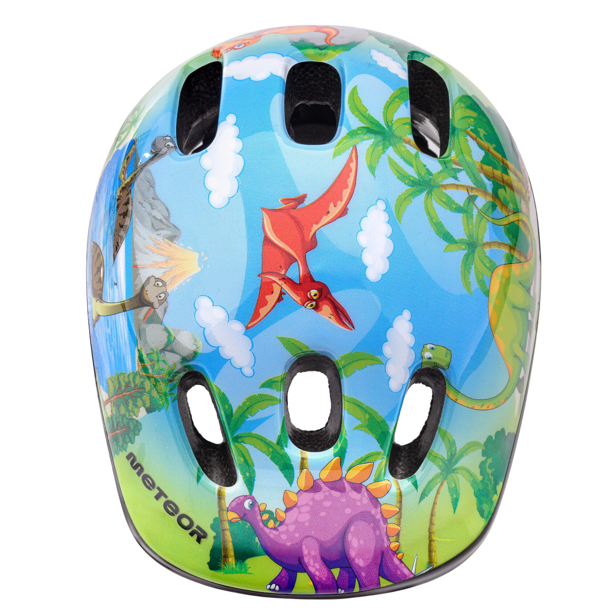 Kask rowerowy z kolorowym motywem dinozaurów na tle nieba i roślinności. Widoczne logo \'METEOR\' na dolnej części kasku.