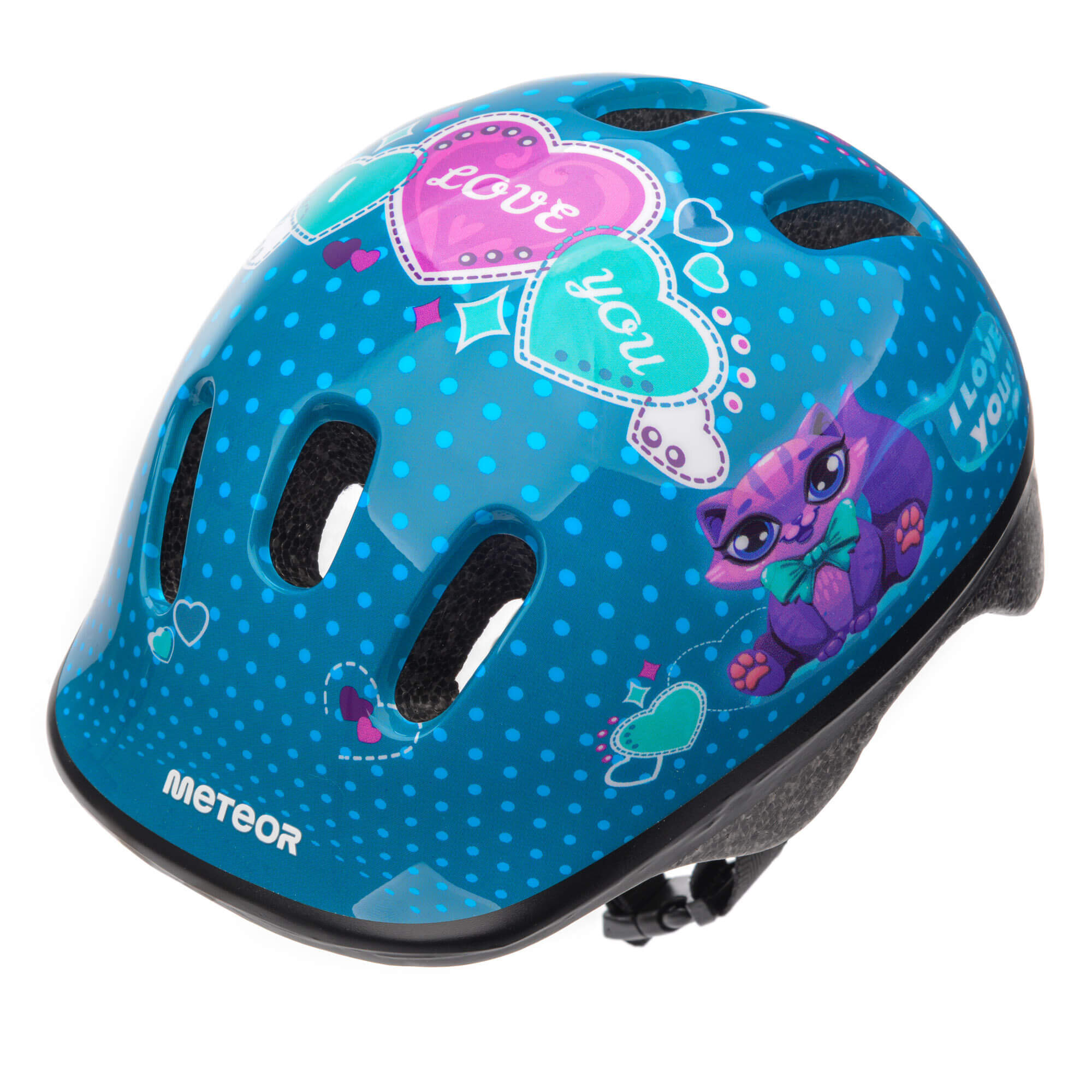 Dziecięcy kask rowerowy w kolorze niebieskim z motywem serc i fioletowego kota. Na kasku widoczny jest tekst \'LOVE YOU\' oraz logo \'METEOR\'.