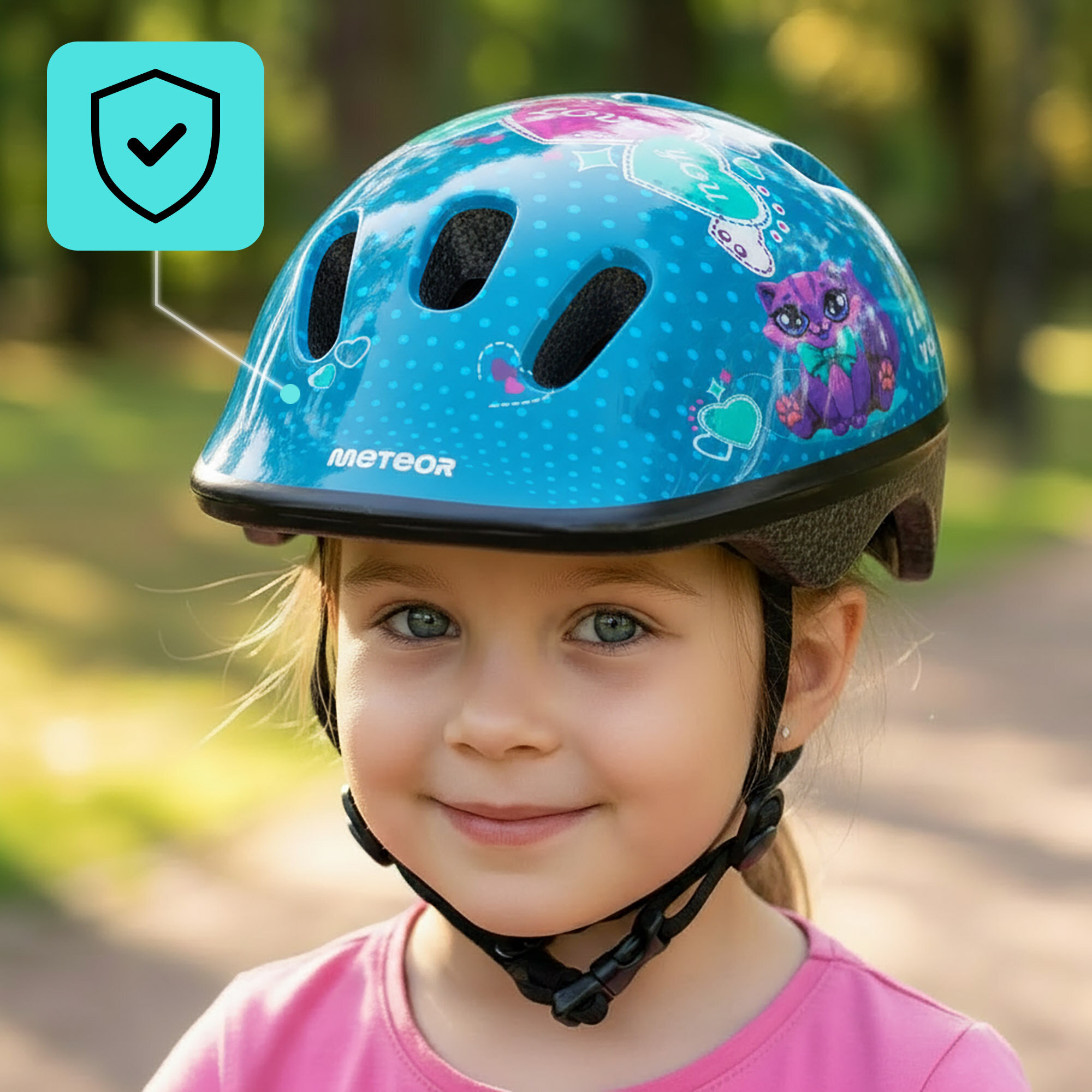 Dziecko nosi niebieski kask rowerowy z grafiką kotka i serc, z widocznym logo \'METEOR\'. Obok kasku znajduje się ikona tarczy z zaznaczeniem, sugerująca bezpieczeństwo.