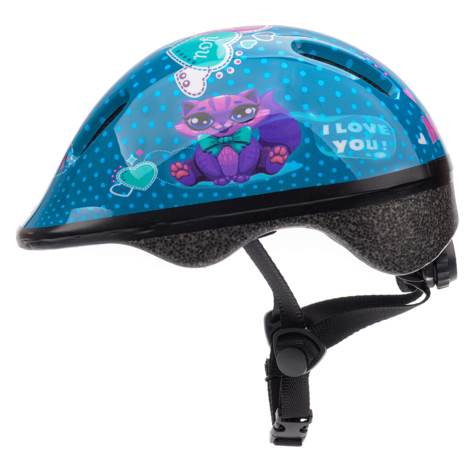 Dziecięcy kask rowerowy w kolorze niebieskim z motywem fioletowego kota i napisem \'I LOVE YOU!\'. Kask posiada regulowane zapięcie i otwory wentylacyjne.