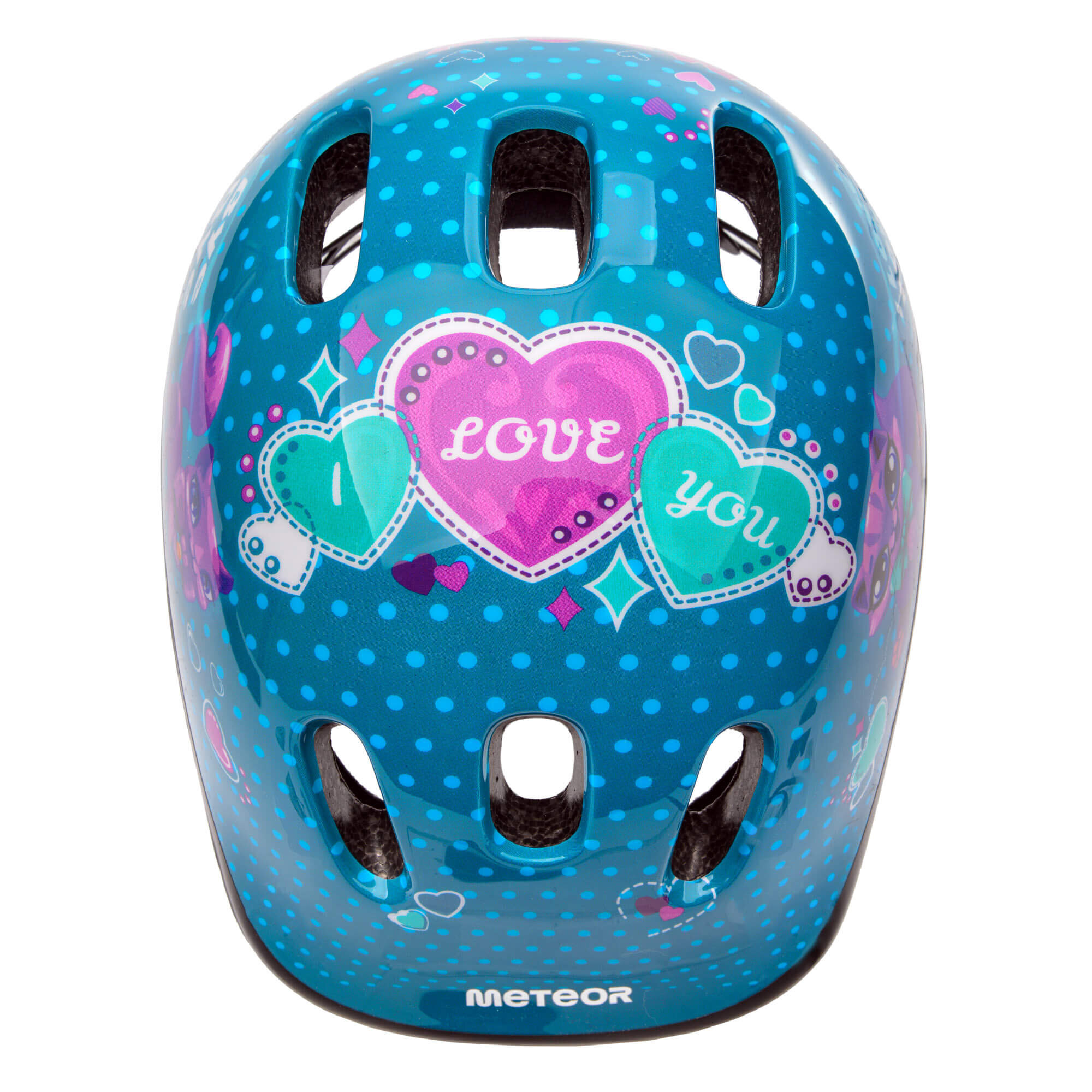 Dziecięcy kask rowerowy w kolorze niebieskim z wzorem serc i napisem \'LOVE YOU\'. Na dole widoczne jest logo \'METEOR\'.