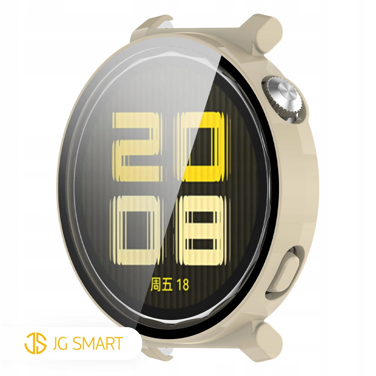 Obraz przedstawia okrągły smartwatch z jasnym etui ochronnym i szkłem hartowanym na wyświetlaczu. Na ekranie widoczny jest duży, żółty napis \'20 08\' oraz mniejszy tekst w języku chińskim, a w lewym dolnym rogu znajduje się logo \'JG SMART\'.