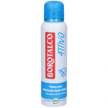 Biały dezodorant w sprayu z niebieską nakrętką, z widocznymi napisami: \'BOROTALCO\', \'ATTIVO\', \'Talco con Molecole Anti-Odor\', \'Più Sudi Più Si Attiva\'.
