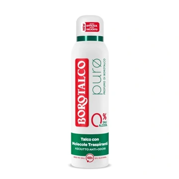 Biały dezodorant w sprayu z czerwonym logo \'BOROTALCO\' i zielonym napisem \'purø\'. Na opakowaniu widnieje informacja \'0% Sali Alcool\' oraz \'Talco con Molecole Traspiranti ASCIUTTO ANTI-ODORI\'.