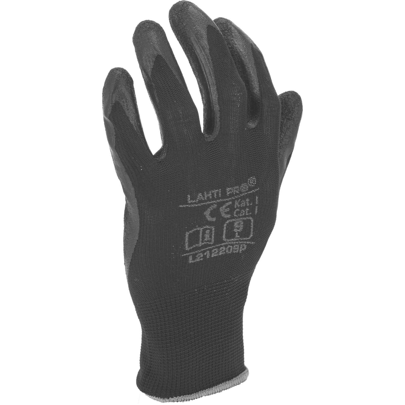 Czarna rękawica ochronna z widocznym nadrukiem: \'LAHTI PRO\', symbolem CE, kategorią \'Kat. I Cat. I\' oraz numerem \'L2112009P\'.