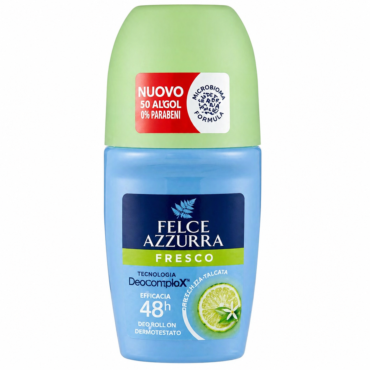 Dezodorant w kulce o pojemności 50 ml marki Felce Azzura, z zieloną nakrętką i niebieską butelką. Na etykiecie widnieje napis: \'NUOVO 50 ALGOL 0% PARABENI\', \'FELCE AZZURRA FRESCO\', \'TECNOLOGIA Deocomplex\', \'EFFICACIA 48h\', \'DEO ROLL ON DERMOTESTATO\'.