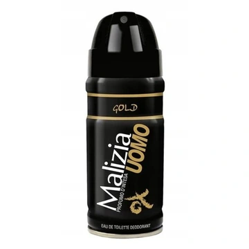 Czarny spray z napisem \'Malizia UOMO\' oraz \'GOLD\' na złotym tle. Na dole widnieje napis \'EAU DE TOILETTE DEODORANT\'.