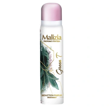 Biały spray z różową nakrętką, ozdobiony grafiką liści i napisem \'Malizia Green T\'. Widoczny tekst: \'SEDUCTION PARFUM DEODORANT\'.
