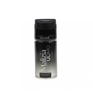 Na obrazie widoczny jest antyperspirant w sprayu marki Malizia Uomo o pojemności 150 ml z napisem \'SILVER\' na czarnym tle. Opakowanie ma gradientowy wzór w odcieniach szarości i czerni.