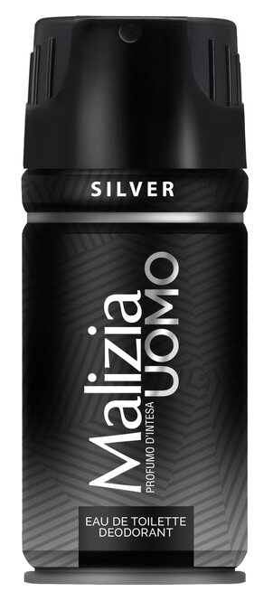 Czarny spray z napisem \'Malizia Uomo\' oraz \'SILVER\' na górze. Na dole widnieje napis \'EAU DE TOILETTE DEODORANT\'.