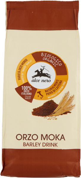 Opakowanie produktu Alce Nero Orzo Moka BIO kawa zbożowa z jęczmienia 500 g z widocznym logo producenta i grafiką przedstawiającą ziarna jęczmienia. Na opakowaniu znajdują się napisy: \'100% Orzo Italiano\', \'Biologico Organic\', \'Naturalmente Privo di Caffeina\', \'Orzo Moka\', \'Barley Drink\'.