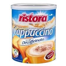 Opakowanie produktu Ristora Cappuccino Decaffeinato bezkofeinowe 250 g z widocznym napisem \'Senza Caffeina\'.