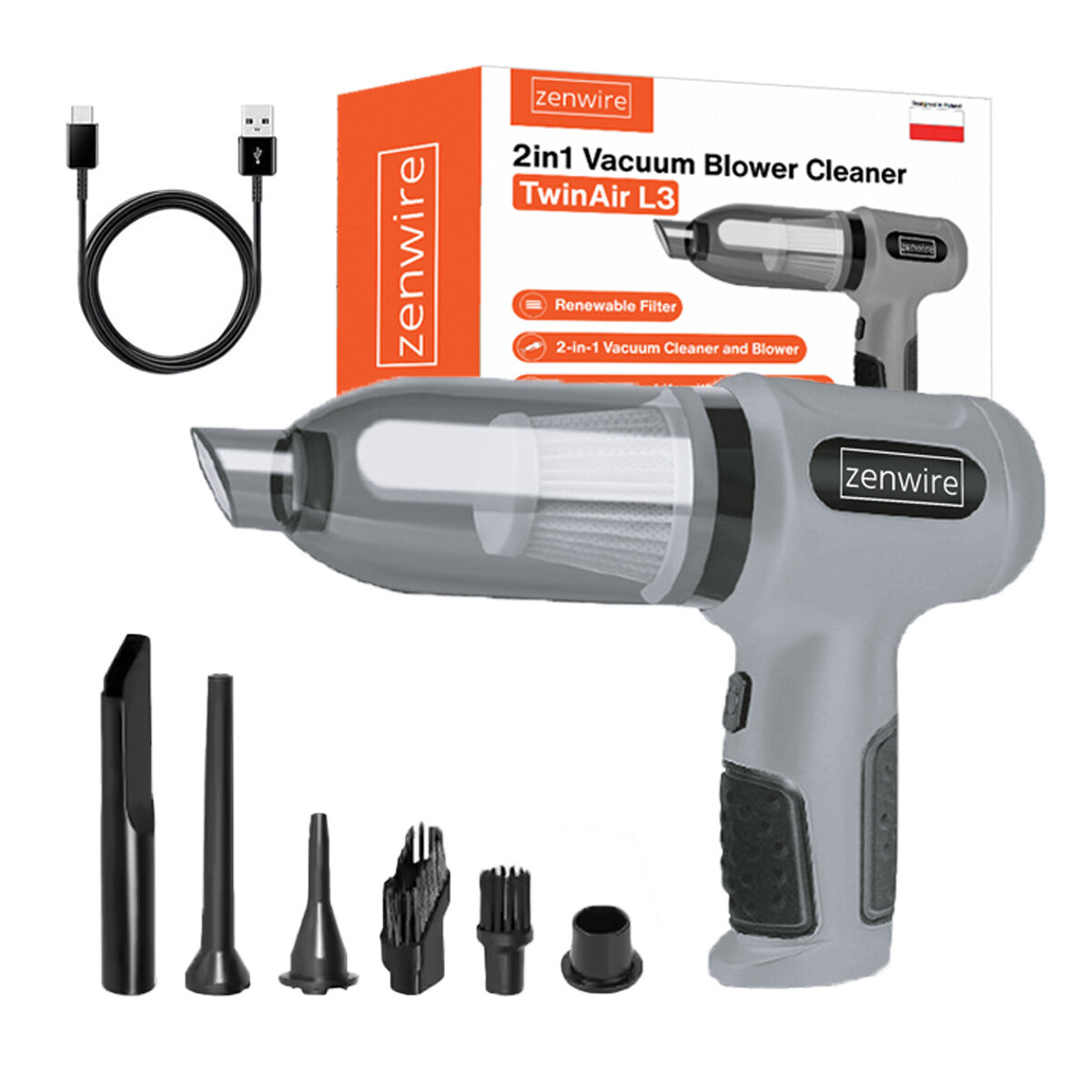 Na obrazie znajduje się szary odkurzacz ręczny z logo \'zenwire\', zestaw końcówek oraz kabel USB. W tle widoczne jest opakowanie z napisem \'2in1 Vacuum Blower Cleaner TwinAir L3\'.