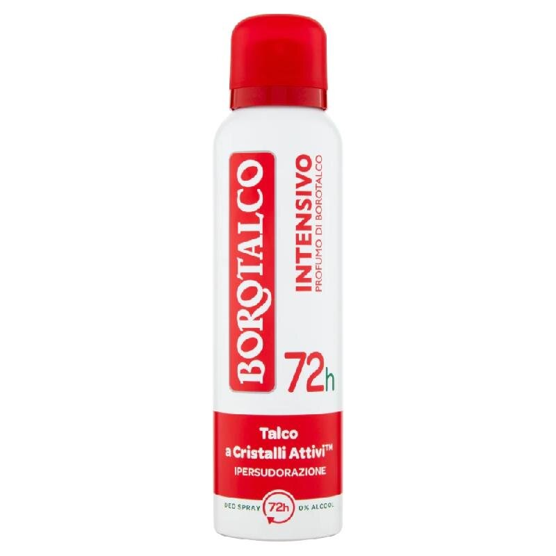 Biały dezodorant w sprayu z czerwonym korkiem, na którym widnieje napis \'BOROTALCO INTENSIVO 72h\'. Na dole opakowania znajduje się tekst \'Talco a Cristalli Attivi™ IPERSUDORAZIONE\'.