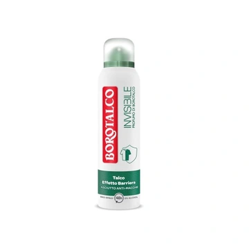 Biały spray z zieloną nakrętką i czerwonym logo \'BOROTALCO\'. Na etykiecie widnieje napis \'INVISIBLE Talco Effetto Barriera\' oraz symbol koszuli.