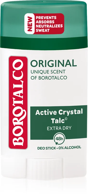 Dezodorant w sztyfcie z zieloną nakrętką i białym opakowaniem, na którym widnieje napis \'BOROTALCO ORIGINAL UNIQUE SCENT OF BOROTALCO\'. Dodatkowe informacje to \'Active Crystal Talc EXTRA DRY 48h DEO STICK 0% ALCOHOL\'.