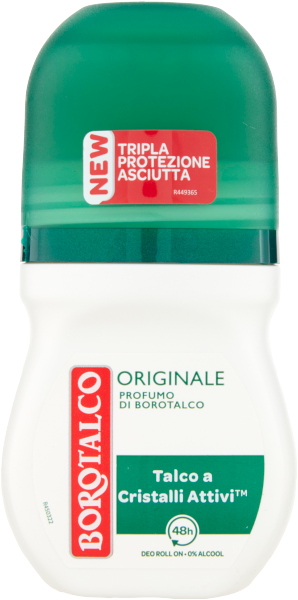 Biały pojemnik z zieloną nakrętką, na którym widnieje czerwone logo \'BOROTALCO\'. Na etykiecie napisano: \'ORIGINALE PROFUMO DI BOROTALCO Talco a Cristalli Attivi™ 48h DEO ROLL ON - 0% ALCOOL\'.