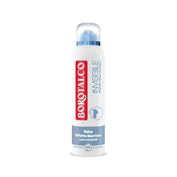 Biały dezodorant w sprayu z niebieską nakrętką, na którym widnieje czerwone logo \'BOROTALCO\' oraz napis \'INVISIBLE\'.