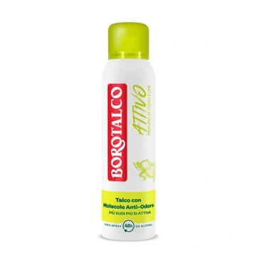 Biały dezodorant w sprayu z zieloną nakrętką, z czerwonym logo \'Borotalco\' i napisem \'Attivo Cedro/Lime\'. Na dole widnieje tekst: \'Talco con Molecole Anti-Odore Più Sudi Più Si Attiva\'.