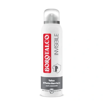 Biały dezodorant w sprayu z czerwonym logo \'BOROTALCO\' i napisem \'INVISIBLE\'. Na etykiecie widnieje tekst: \'Talco Effetto Barriera Anti-Macchie\'.
