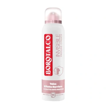 Biały spray z różową nakrętką, na którym widnieje czerwone logo \'BOROTALCO\' oraz napis \'INVISIBLE PROFUMO GARANTITO\'.