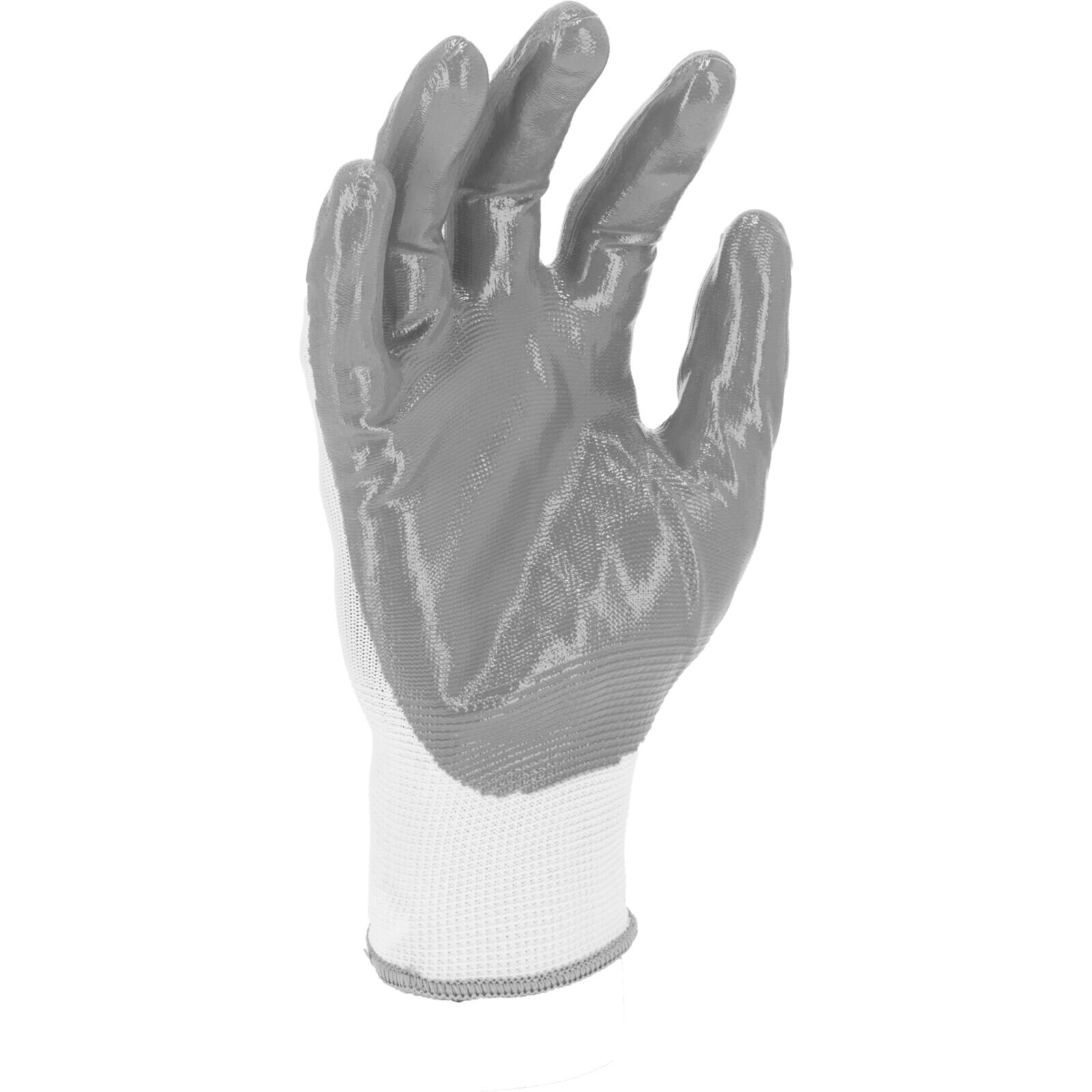 Na obrazie widoczna jest rękawica robocza z szarym, błyszczącym wykończeniem na dłoni i białym materiałem na nadgarstku.