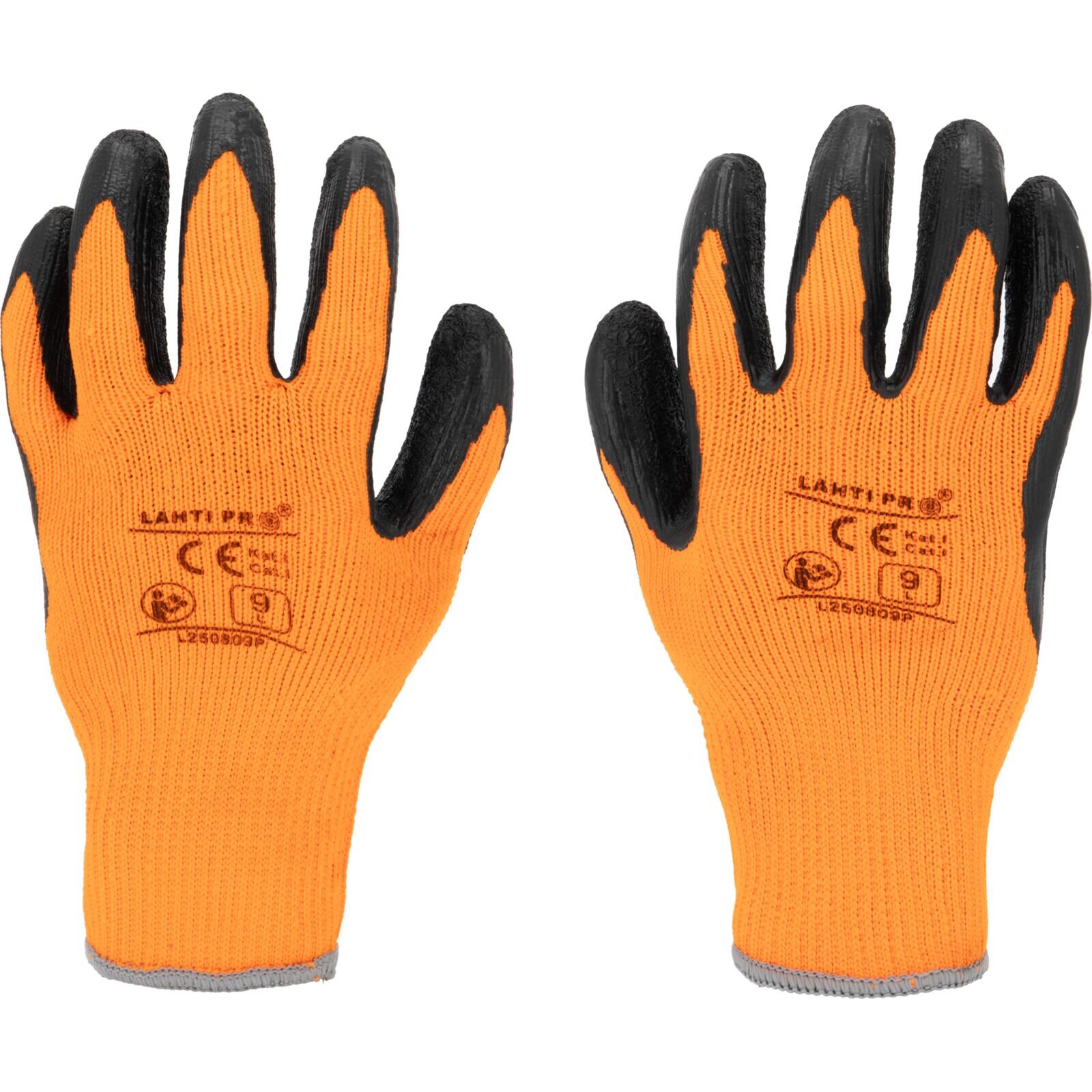 Para pomarańczowych rękawic roboczych z czarnymi końcówkami palców i logo \'LAMTI PRO\' oraz oznaczeniami CE na wierzchu. Widoczny jest również numer \'L2509032\' i rozmiar \'9\'.