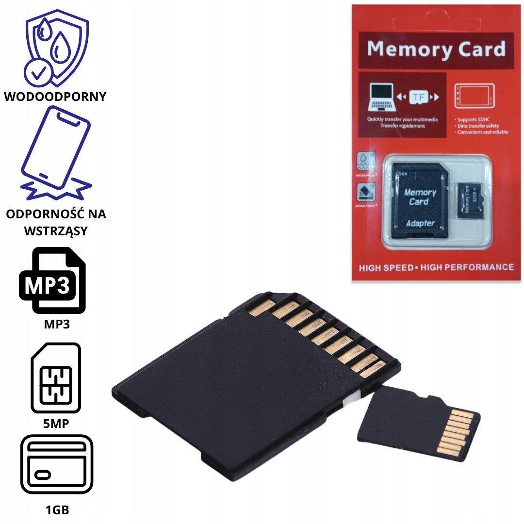 Obraz przedstawia kartę Micro SD 32 GB z adapterem oraz opakowanie z napisem \'Memory Card\'. Obok znajdują się ikony z napisami: \'Wodoodporny\', \'Odporność na wstrząsy\', \'MP3\', \'5MP\', \'1GB\'.