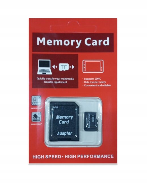 Opakowanie z napisem \'Memory Card\' zawiera kartę Micro SD 32 GB oraz adapter. Na opakowaniu znajdują się informacje o wodoodporności i odporności na wstrząsy, a także ikony laptopa i tabletu.