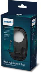 Opakowanie filtra zamiennego do odkurzacza bezprzewodowego marki Philips. Na opakowaniu widoczny jest obrazek filtra oraz napis \'Replacement Filter for AquaTrio Cordless\'.