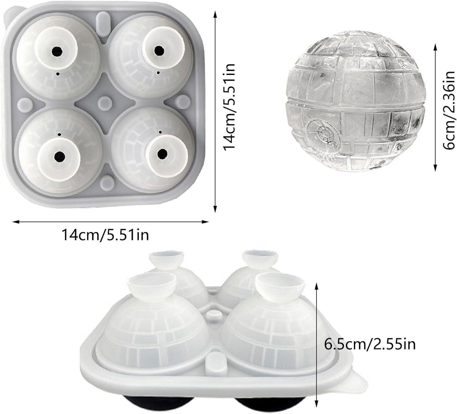 Na obrazie widoczna jest silikonowa forma do lodu z pokrywką, umożliwiająca tworzenie czterech dużych kul o kosmicznym wzorze. Wymiary formy to 14 cm x 14 cm, a wysokość kul wynosi 6 cm.