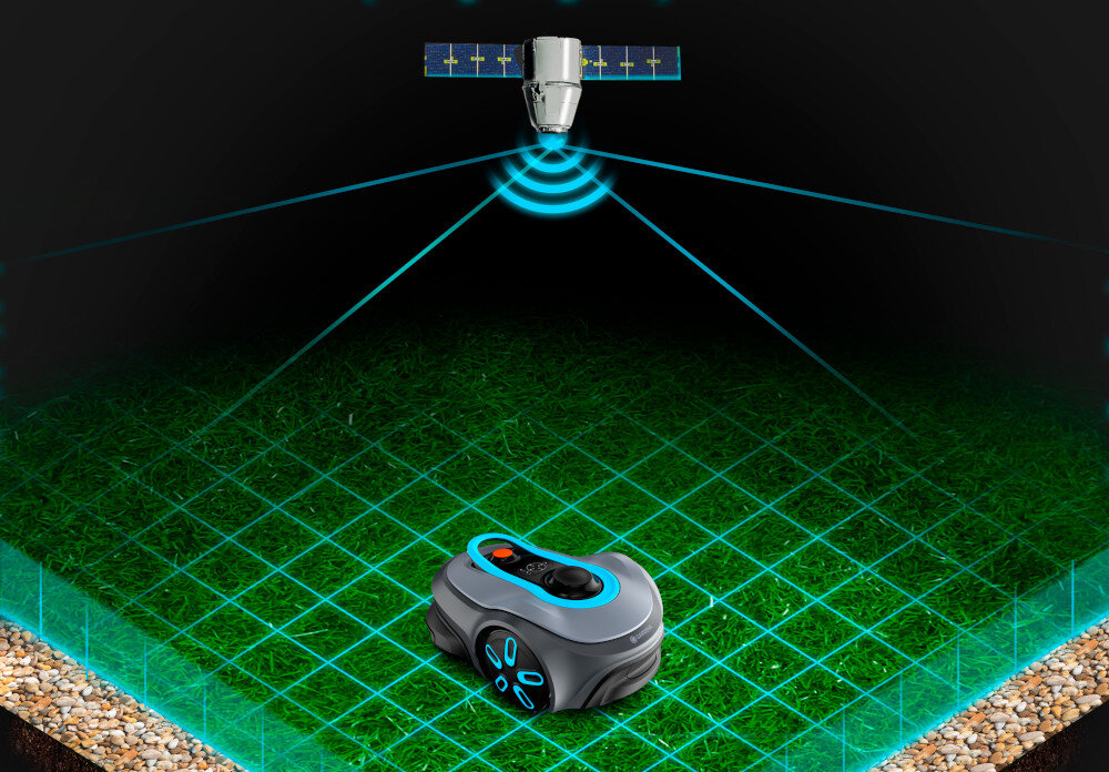 Obraz przedstawia robot koszący na trawniku z siatką świetlną, nad którym unosi się satelita emitujący sygnały. Robot ma szary kolor z niebieskimi akcentami na kołach i obudowie.