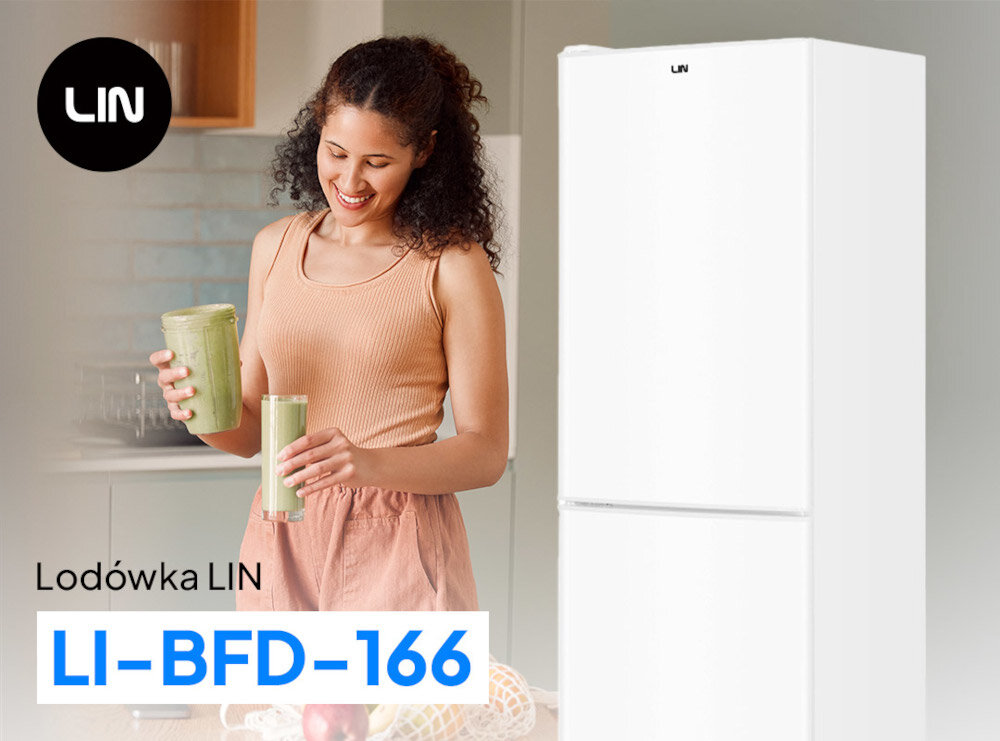 Obraz przedstawia osobę trzymającą dwa zielone napoje, obok której znajduje się biała lodówka z logo LIN. Na dole widoczny jest napis: \'Lodówka LIN LI-BFD-166\'.