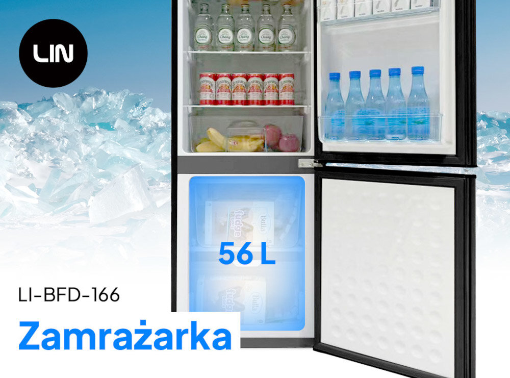 Obraz przedstawia otwartą lodówkę z widocznymi produktami spożywczymi, takimi jak butelki wody, puszki i owoce. Na dole znajduje się zamrażarka z napisem \'56 L\', a obok logo \'LIN\' oraz tekst \'LI-BFD-166 Zamrażarka\'.