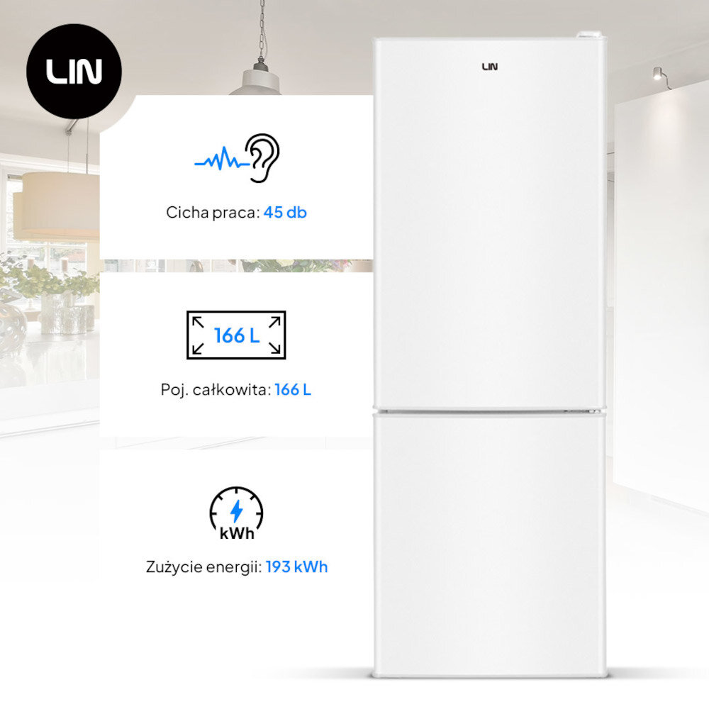 Biała lodówka z logo LIN, obok której znajdują się informacje: \'Cicha praca: 45 db\', \'Poj. całkowita: 166 L\', \'Zużycie energii: 193 kWh\'.