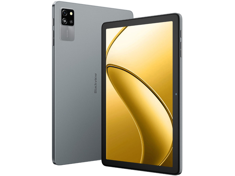 Na obrazie widoczny jest tablet z dużym ekranem, na którym wyświetlany jest abstrakcyjny, złoty wzór. Na tylnej obudowie znajduje się napis \'Blackview\' oraz aparat fotograficzny z dwoma obiektywami.