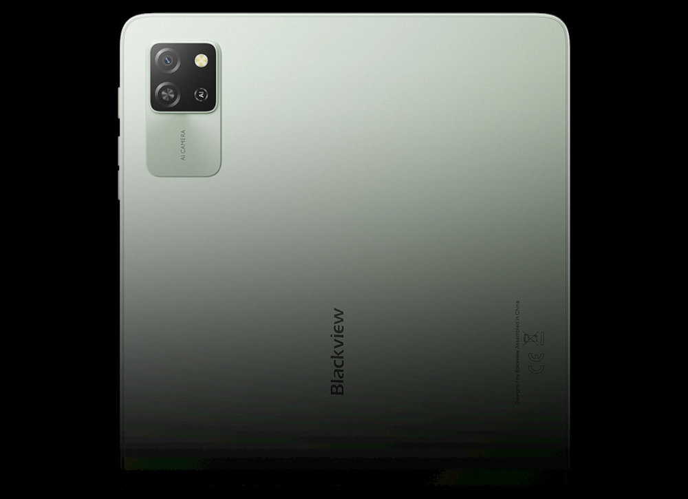 Obraz przedstawia tylną część zielonego tabletu z logo \'Blackview\' oraz modułem aparatu z trzema obiektywami i napisem \'AI Camera\'.