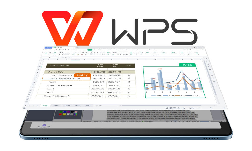 Obraz przedstawia tablet z wyświetlonym na ekranie arkuszem kalkulacyjnym i wykresem. Nad tabletem widoczne jest logo WPS.