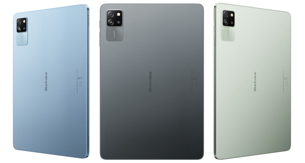 Obraz przedstawia trzy tablety w różnych kolorach: niebieskim, szarym i zielonym, z widocznym logo \'Blackview\' na tylnej obudowie. Każdy tablet ma aparat w lewym górnym rogu.