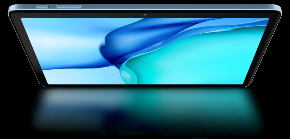Tablet z dużym ekranem wyświetlający abstrakcyjną grafikę w odcieniach niebieskiego i zielonego. Obudowa tabletu jest w kolorze ciemnym, a na krawędzi widoczne są przyciski.