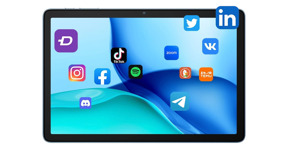 Tablet z wyświetlaczem pokazującym ikony aplikacji takich jak Instagram, Facebook, TikTok, Spotify, Twitter, LinkedIn, Zoom, VK, Discord, Telegram, Zedge i Temu na tle niebieskich fal.