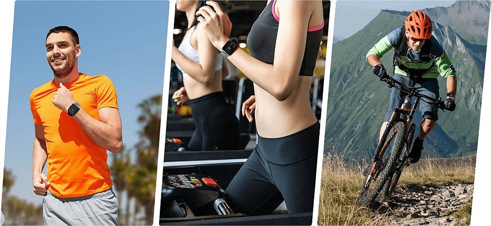 Trzy osoby uprawiające sport: bieganie, ćwiczenia na bieżni i jazda na rowerze górskim, każda z nich nosi smartwatch na nadgarstku.