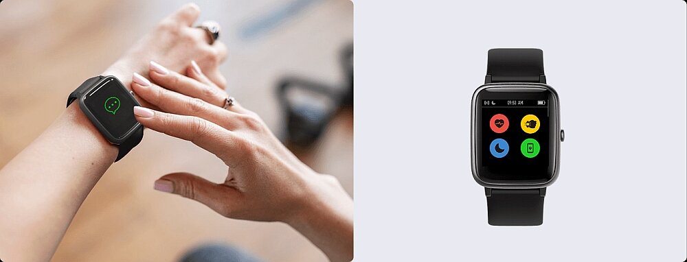 Na obrazie widoczny jest smartwatch z czarnym paskiem, na ekranie którego wyświetlają się kolorowe ikony aplikacji. Obok znajduje się zdjęcie osoby noszącej podobny zegarek na nadgarstku.