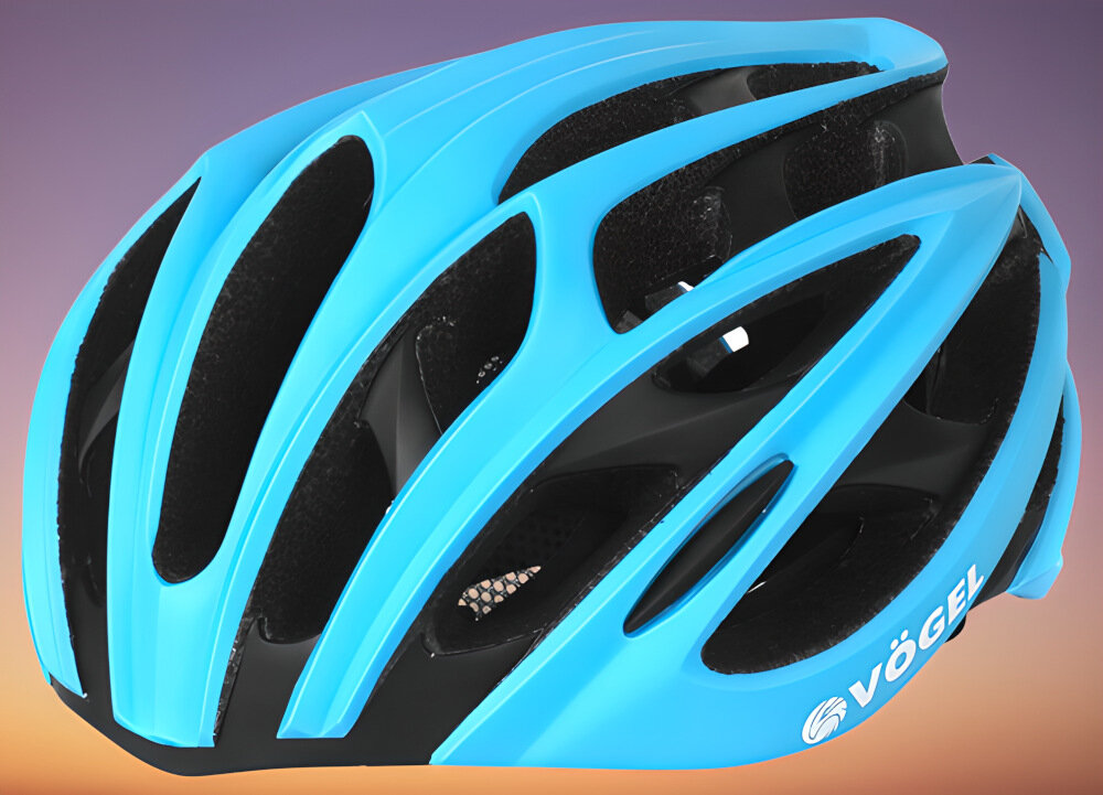 Kask rowerowy w kolorze błękitno-czarnym z widocznymi otworami wentylacyjnymi. Na kasku znajduje się logo \'VÖGEL\'.