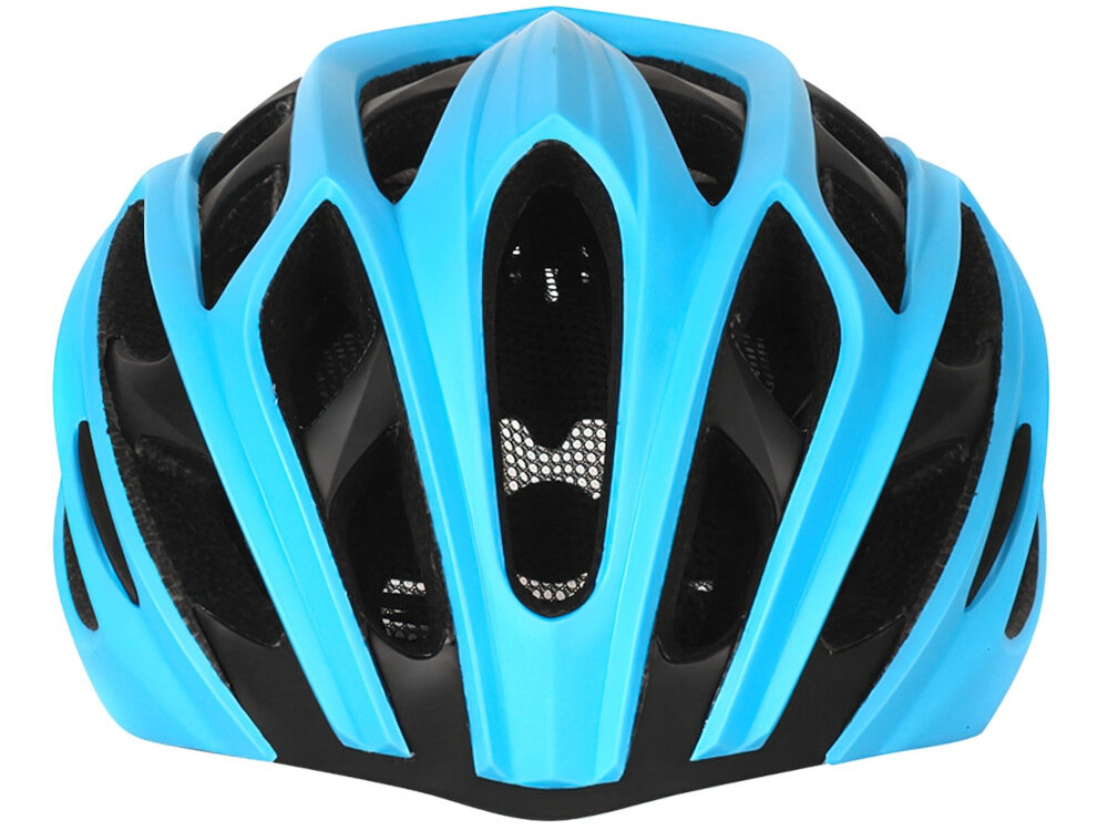 Kask rowerowy w kolorze błękitno-czarnym z widocznymi otworami wentylacyjnymi. Kask ma aerodynamiczny kształt i siateczkę ochronną wewnątrz otworów.