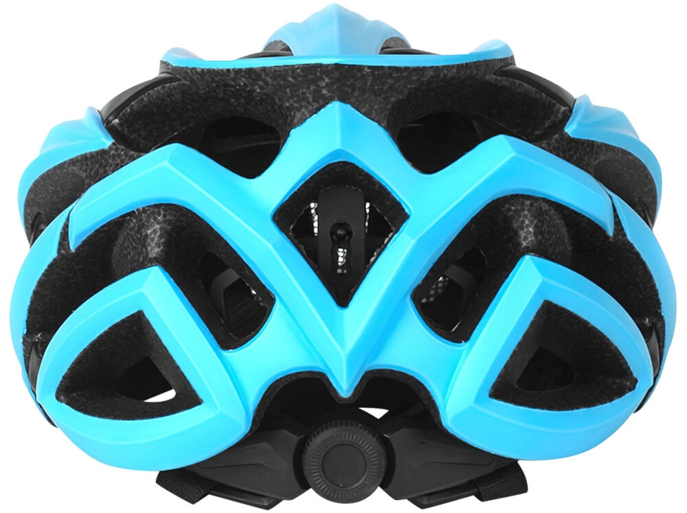 Kask rowerowy w kolorze błękitno-czarnym z widocznymi otworami wentylacyjnymi i regulacją z tyłu. Kask ma nowoczesny design z wyraźnymi, geometrycznymi kształtami.