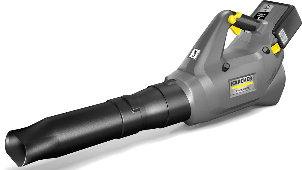 Na obrazie widoczna jest szara dmuchawa do liści z czarną dyszą i żółtymi elementami. Na urządzeniu znajduje się logo \'KARCHER Professional\'.
