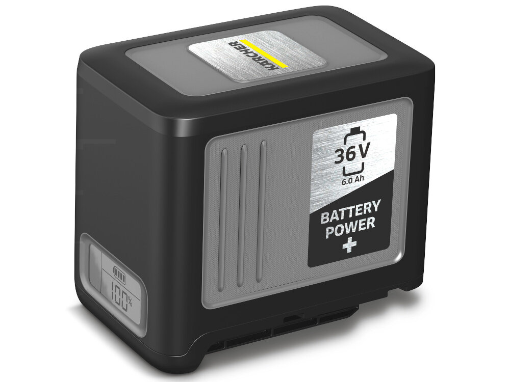 Na obrazie widoczny jest akumulator z napisem \'36V 6.0 Ah BATTERY POWER +\' oraz logo \'KARCHER\' na górze. Na wyświetlaczu pokazany jest poziom naładowania \'100%\'.