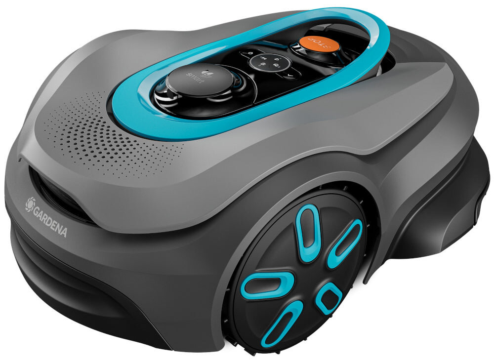 Robot koszący w kolorze szarym z niebieskimi akcentami, posiada widoczne logo \'GARDENA\' na obudowie.