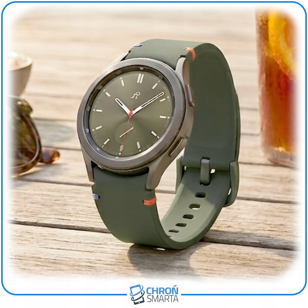 Na drewnianym stole znajduje się smartwatch z zielonym paskiem. W dolnej części obrazu widoczne jest logo \'CHROŃ SMARTA\'.